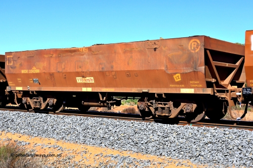 240328 2897
WOE type iron ore waggon WOE 33420 is one of a batch of one hundred and forty one built by United Group Rail WA between November 2005 and April 2006 with serial number 950142-125 and fleet number 8919 with the eight almost faded away, in Mineral Resources traffic 5040 empty Mount Walton iron ore train. March 28, 2024.
Keywords: WOE-type;WOE33420;United-Group-Rail-WA;950142-125;