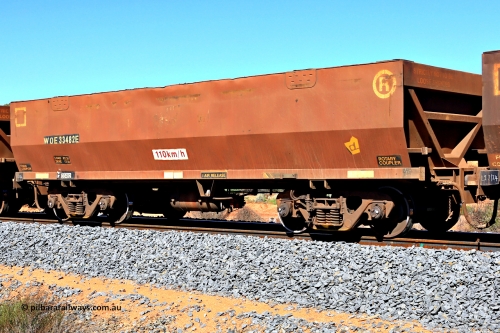 240328 2899
WOE type iron ore waggon WOE 33482 is one of a batch of one hundred and twenty eight built by United Group Rail WA between August 2008 and March 2009 with serial number 950211-024 and was fleet number 8983 before the Aurizon yellow repainted sides and logo, in Mineral Resources traffic 5040 empty Mount Walton iron ore train. March 28, 2024.
Keywords: WOE-type;WOE33482;United-Group-Rail-WA;950211-024;