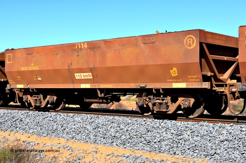 240328 2900
WOE type iron ore waggon WOE 33703 is from a batch of two hundred and twenty seven built by UGL Rail WA between from 08-2011 and 02-2012 of the current style of 82.5 tonne load capacity WOE class waggons with serial number R0067-115 and fleet number 7114, in Mineral Resources traffic 5040 empty Mount Walton iron ore train. March 28, 2024.
Keywords: WOE-type;WOE33703;UGL-Rail-WA;R0067-115;