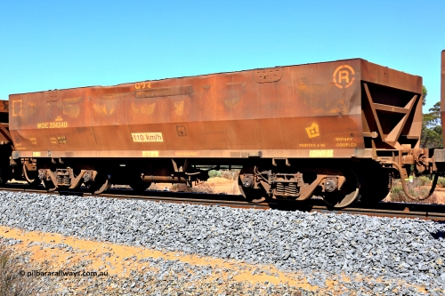240328 2918
WOE type iron ore waggon WOE 33424 is one of a batch of one hundred and forty one built by United Group Rail WA between November 2005 and April 2006 with serial number 950142-129 and fleet number 8923 with the 8 only just visible, , in Mineral Resources traffic 5040 empty Mount Walton iron ore train. March 28, 2024.
Keywords: WOE-type;WOE33424;United-Group-Rail-WA;950142-129;