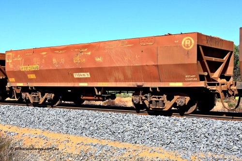 240328 2919
WOE type iron ore waggon WOE 33748 is from a batch of two hundred and twenty seven built by UGL Rail WA between from 08-2011 and 02-2012 of the current style of 82.5 tonne load capacity WOE class waggons with serial number R0067-160 and was fleet number 7159 before being repainted brown, in Mineral Resources traffic 5040 empty Mount Walton iron ore train. March 28, 2024.
Keywords: WOE-type;WOE33748;UGL-Rail-WA;R0067-160;