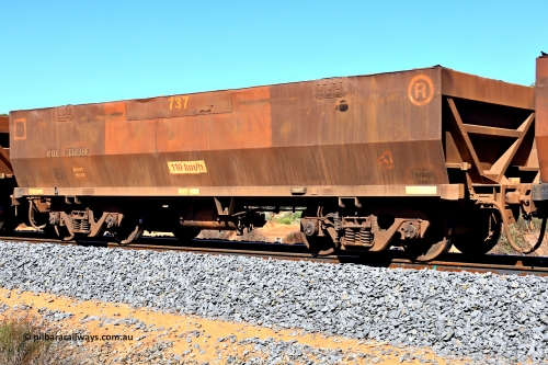 240328 2921
WOE type iron ore waggon WOE 33238 is one of a batch of twenty seven built by Goninan WA between September and October 2002 with serial number 950103-005 and fleet number 737, the patch where PORTMAN had been painted out is still noticeable, in Mineral Resources traffic 5040 empty Mount Walton iron ore train. March 28, 2024.
Keywords: WOE-type;WOE33238;Goninan-WA;950103-005;