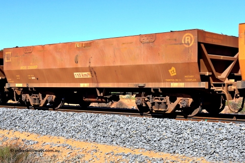 240328 2927
WOE type iron ore waggon WOE 33666 is from a batch of two hundred and twenty seven built by UGL Rail WA between from 08-2011 and 02-2012 of the current style of 82.5 tonne load capacity WOE class waggons with serial number R0067-078 and fleet number 7077, in Mineral Resources traffic 5040 empty Mount Walton iron ore train. March 28, 2024.
Keywords: WOE-type;WOE33666;UGL-Rail-WA;R0067-078;