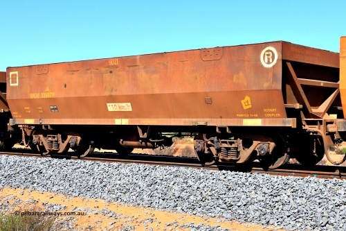 240328 2934
WOE type iron ore waggon WOE 33507 is one of a batch of one hundred and twenty eight built by United Group Rail WA between August 2008 and March 2009 with serial number 950211-047 and fleet number 9021, in Mineral Resources traffic 5040 empty Mount Walton iron ore train. March 28, 2024.
Keywords: WOE-type;WOE33507;United-Group-Rail-WA;950211-047;
