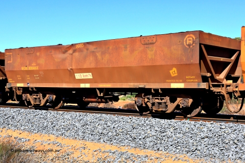 240328 2941
WOE type iron ore waggon WOE 33566 is one of a batch of one hundred and twenty eight built by United Group Rail WA between August 2008 and March 2009 with serial number 950211-106 and fleet number 9085, in Mineral Resources traffic 5040 empty Mount Walton iron ore train. March 28, 2024.
Keywords: WOE-type;WOE33566;United-Group-Rail-WA;950211-106;