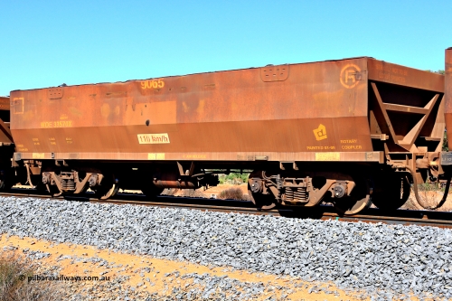 240328 2942
WOE type iron ore waggon WOE 33570 is one of a batch of one hundred and twenty eight built by United Group Rail WA between August 2008 and March 2009 with serial number 950211-110 and fleet number 9065, in Mineral Resources traffic 5040 empty Mount Walton iron ore train. March 28, 2024.
Keywords: WOE-type;WOE33570;United-Group-Rail-WA;950211-110;