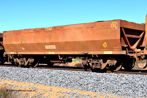 240328 2948
WOE type iron ore waggon WOE 33731 is from a batch of two hundred and twenty seven built by UGL Rail WA between from 08-2011 and 02-2012 of the current style of 82.5 tonne load capacity WOE class waggons with fleet number 7142, in Mineral Resources traffic 5040 empty Mount Walton iron ore train. March 28, 2024.
Keywords: WOE-type;WOE33731;UGL-Rail-WA;R0067-143;