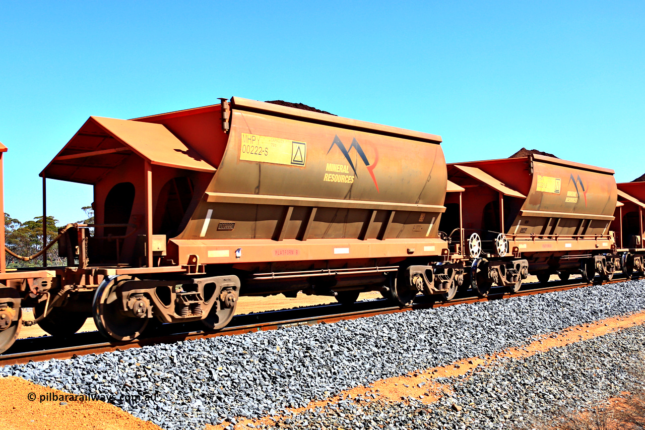 240328 2975
Loaded Koolyanobbing iron ore train 5041 with Mineral Resources Ltd MHPY type iron ore waggons MHPY 00222 and MHPY 00221 built by CSR Yangtze Co China with serial numbers 2014 / 382-222 and 2014 / 382-221 in 2014 as a batch of 382 pairs, these bottom discharge hopper waggons are operated in 'married' pairs. 28th of March 2024.
Keywords: MHPY-type;MHPY00222;2014/382-222;MHPY00221;2014/382-221;CSR-Yangtze-Rolling-Stock-Co-China;