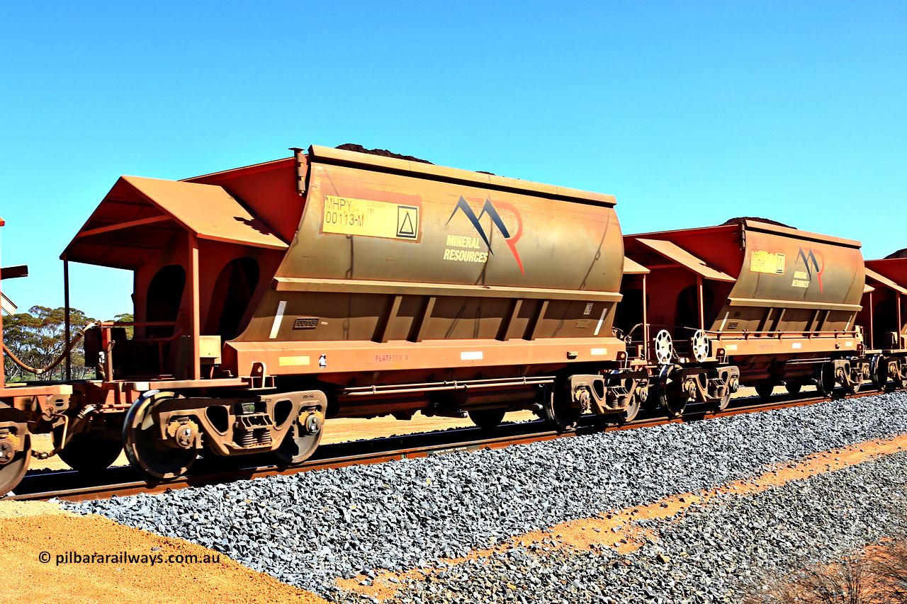 240328 3003
Loaded Koolyanobbing iron ore train 5041 with Mineral Resources Ltd MHPY type iron ore waggons MHPY 00113 and MHPY 00270 built by CSR Yangtze Co China with serial numbers 2014 / 382-113 and 2014 / 382-270 in 2014 as a batch of 382 pairs, these bottom discharge hopper waggons are operated in 'married' pairs. March 28, 2024.
Keywords: MHPY-type;MHPY00113;2014/382-113;MHPY00270;2014/382-270;CSR-Yangtze-Rolling-Stock-Co-China;