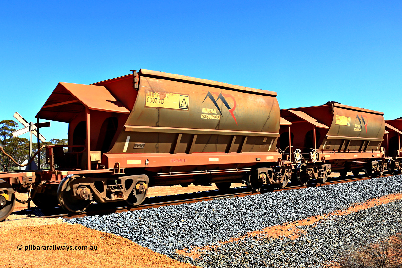 240328 3011
Loaded Koolyanobbing iron ore train 5041 with Mineral Resources Ltd MHPY type iron ore waggons MHPY 00070 and MHPY 00069 built by CSR Yangtze Co China with serial numbers 2014 / 382-70 and 2014 / 382-69 in 2014 as a batch of 382 pairs, these bottom discharge hopper waggons are operated in 'married' pairs. 28th of March 2024.
Keywords: MHPY-type;MHPY00070;2014/382-70;MHPY00069;2014/382-69;CSR-Yangtze-Rolling-Stock-Co-China;