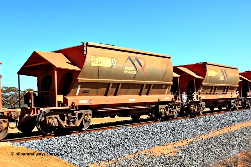 240328 2995
Loaded Koolyanobbing iron ore train 5041 with Mineral Resources Ltd MHPY type iron ore waggons MHPY 00212 and MHPY 00211 built by CSR Yangtze Co China with serial numbers 2014 / 382-212 and 2014 / 382-211 in 2014 as a batch of 382 pairs, these bottom discharge hopper waggons are operated in 'married' pairs. March 28, 2024.
Keywords: MHPY-type;MHPY00212;2014/382-212;MHPY00211;2014/382-211;CSR-Yangtze-Rolling-Stock-Co-China;