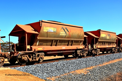 240328 3004
Loaded Koolyanobbing iron ore train 5041 with Mineral Resources Ltd MHPY type iron ore waggons MHPY 00188 and MHPY 00187 built by CSR Yangtze Co China with serial numbers 2014 / 382-188 and 2014 / 382-187 in 2014 as a batch of 382 pairs, these bottom discharge hopper waggons are operated in 'married' pairs. March 28, 2024.
Keywords: MHPY-type;MHPY00188;2014/382-188;MHPY00187;2014/382-187;CSR-Yangtze-Rolling-Stock-Co-China;