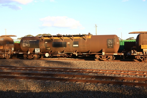 240328 3179
West Kalgoorlie, Viva Energy's NTAY type fuel tank waggon NTAY 6132 built by Industrial Engineering Qld in 1976 as an SCA type, SCA 283, for Shell. Recoded to NTAF 283, then 6132, capacity of 61,300 litres with conventional couplers. Pacific National empty fuel train 5445 to Esperance. March 28, 2024.
Keywords: NTAY-type;NTAY6132;Indeng-Qld;SCA-type;SCA283;NTAF-type;