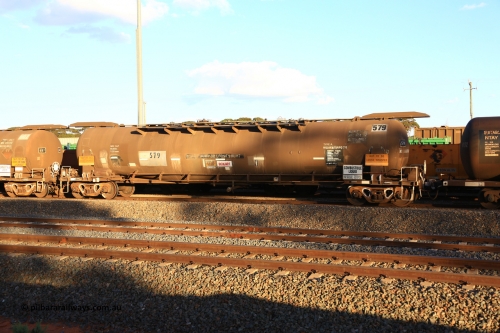 240328 3180
West Kalgoorlie, Viva Energy's APTF type fuel tank waggon ATPF 579 built by WAGR Midland Workshops in 1974 for Shell, in a batch of nine, as a WJP type 80,660 litre, one compartment one dome tank waggon, with a SFL of 80,500 litres, fitted with type F InterLock couplers. Pacific National empty fuel train 5445 to Esperance. March 28, 2024.
Keywords: ATPF-type;ATPF579;WAGR-Midland-WS;WJP-type;