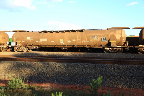 240328 3188
West Kalgoorlie, Viva Energy's ATMF type fuel tank waggon ATMF 552 is one of three built by Tulloch Limited NSW as the WJM type in 1971 with a capacity of 96,250 litres with one compartment and one dome, current Safe Fill Level [SFL] capacity of 80,500 litres, fitted with type E coupler. WJM's 551 and 552 built for Shell and 553 built for BP Oil. Pacific National's 5445 empty fuel train to Esperance. March 28.2024.
Keywords: ATMF-type;ATMF552;Tulloch-Ltd-NSW;WJM-type;
