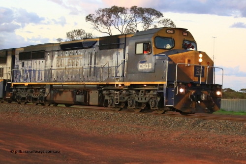 240328 3208
Lamington, on the outskirts of Kalgoorlie, Watco operated 5472 nickel train from Leonora powered by Railfirst lease locomotives, a former V/Line C class, C 503 a Clyde Engineering EMD model GT26C with serial number 76-826. March 28, 2024.
Keywords: C-class;C503;Clyde-Engineering-Rosewater-SA;EMD;GT26C;76-826;