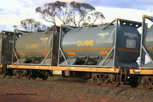 240328 3211
Lamington, on the outskirts of Kalgoorlie, 5472 nickel train from Leonora with Watco DQFY type container waggon DQFY 0418, Watco purchased twenty-nine CQFY waggons from CFCLA which were modified from Comeng NSW built BDX open waggons by ANI-Bradken NSW in 2001, carrying position 1 JTSU 023067[4] 20' 25NX type tank for Qube TNK00171, position 2 JTSU 021994[7] 20' 25NX type tank for Qube TNK00063. March 28, 2024.
Keywords: DQFY-type;DQFY0418;ANI-Bradken-NSW;CQFY-type;Comeng-NSW;BDX-type;