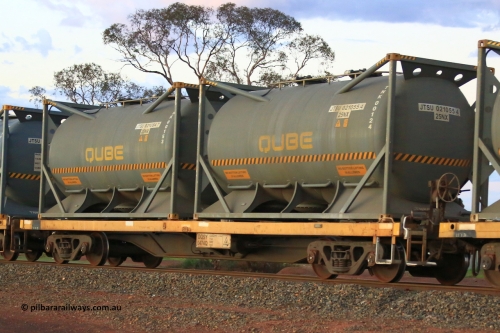 240328 3214
Lamington, on the outskirts of Kalgoorlie, 5472 nickel train from Leonora with Watco DQSY type container waggon DQSY 0474,Watco purchased fifteen DQSY waggons from CFCLA in 2017 which were modified from Victorian ELX / VOBX open waggons by Bradken and SSR Bendigo Workshops in 2004 to the CQSY, carrying position 1 JTSU 021055[4] 20' 25NX type tank for Qube TNK00124, position 2 JTSU 021084[7] 20' 25NX type tank for Qube TNK00153. March 28, 2024.
Keywords: DQSY-type;DQSY0474;Bradken-SSR-Bendigo;CQSY-type;Victorian-Railways;ELX-type;VOBX-type;