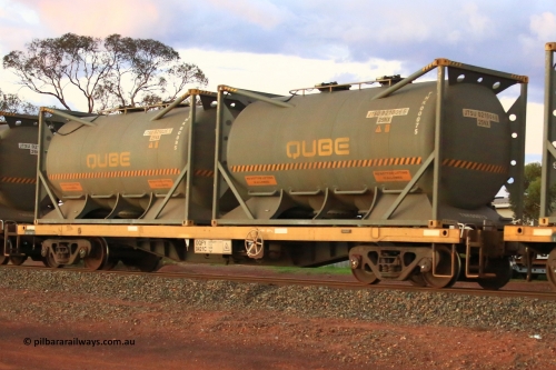 240328 3219
Lamington, on the outskirts of Kalgoorlie, 5472 nickel train from Leonora with Watco DQFY type container waggon DQFY 0421, Watco purchased twenty-nine CQFY waggons from CFCLA which were modified from Comeng NSW built BDX open waggons by ANI-Bradken NSW in 2001, carrying position 1 JTSU 021006[6] 20' 25NX type tank for Qube TNK00075, position 2 JTSU 021026[1] 20' 25NX type tank for Qube TNK00095. March 28, 2024.
Keywords: DQFY-type;DQFY0421;ANI-Bradken-NSW;CQFY-type;Comeng-NSW;BDX-type;