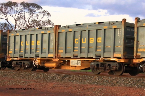 240328 3224
Lamington, on the outskirts of Kalgoorlie, 5472 nickel train from Leonora with Watco DQMY type container waggon DQMY 12002, these two pack bar coupled waggon pairs were built in 2022 by CRRC, China for Watco in a batch of thirty-seven, carrying position 1 QUBU 300697[5] 20' Qube half height rotatable container, position 2 QUBU 300730[7] 20' Qube half height rotatable container. March 28, 2024.
Keywords: DQMY-type;DQMY12002;CRRC-China;CQMY-type;