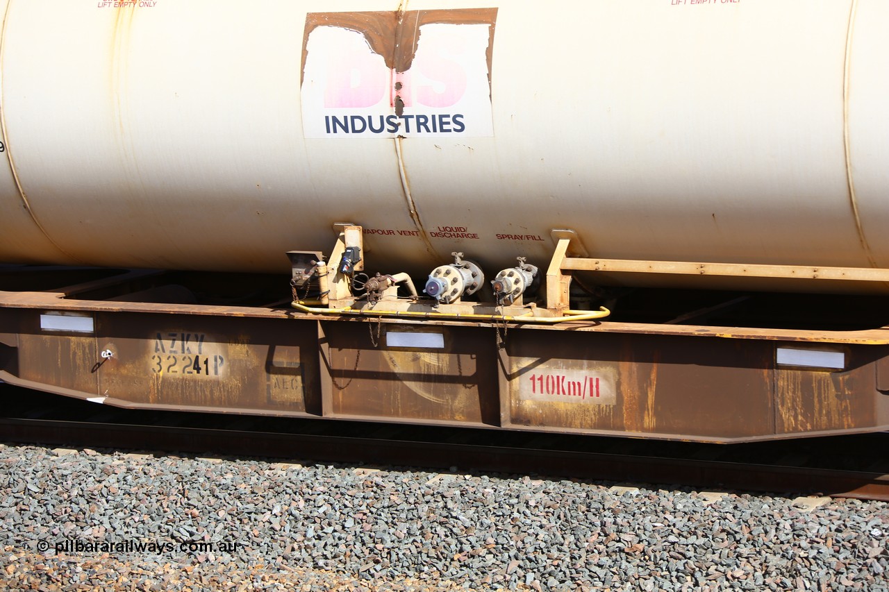 161112 2985
West Kalgoorlie, loaded Malcolm sulphur train 6029, close up of the filling / discharge valve assembly on AZKY type anhydrous ammonia tank waggon AZKY 32241, one of twelve waggons built by Goninan WA in 1998 as type WQK for Murrin Murrin traffic fitted with Bis INDUSTRIES anhydrous ammonia tank A3F.
Keywords: AZKY-type;AZKY32241;Goninan-WA;WQK-type;