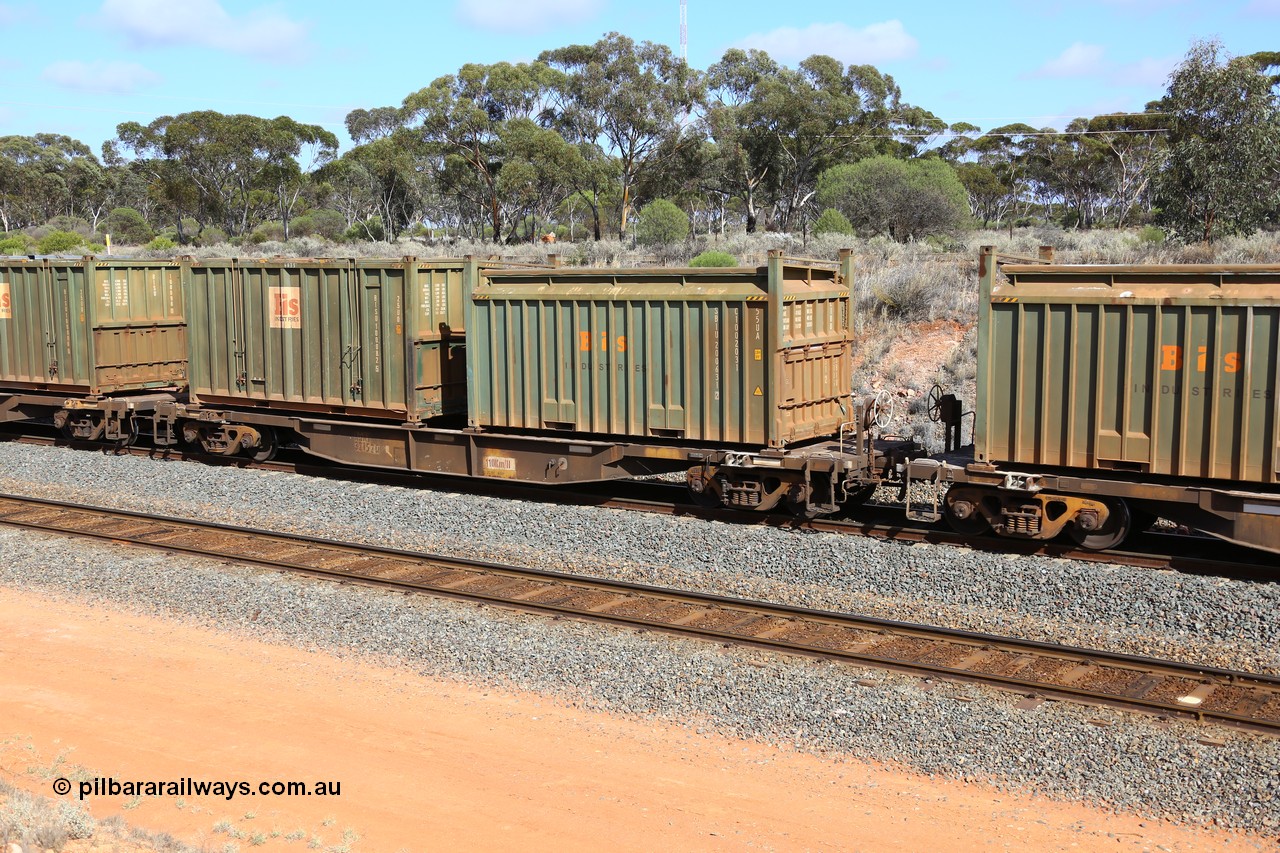 161112 2994
West Kalgoorlie, loaded Malcolm sulphur train 6029, AQNY type waggon AQNY 32152 one of sixty two waggons built by Goninan WA in 1998 as WQN type for Murrin Murrin container traffic with Bis Industries roll-top type 55UA container SBIU 200631 and a hard-top type 25U0 container BISU 100082.
Keywords: AQNY-type;AQNY32152;Goninan-WA;WQN-type;