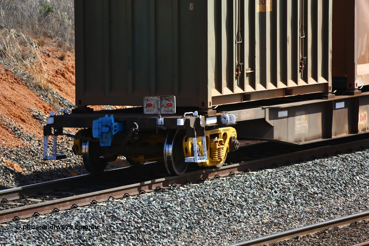 161112 3019
West Kalgoorlie, loaded Malcolm sulphur train 6029, AQNY type waggon AQNY 32206 one of sixty two waggons built by Goninan WA in 1998 as WQN type for Murrin Murrin container traffic, showing signs of recent workshops attention, new bogies, new E type bottom shelf coupler and the standard End of Train device being a white rectangle with red 'bicycle lights'.
Keywords: AQNY-type;AQNY32206;Goninan-WA;WQN-type;