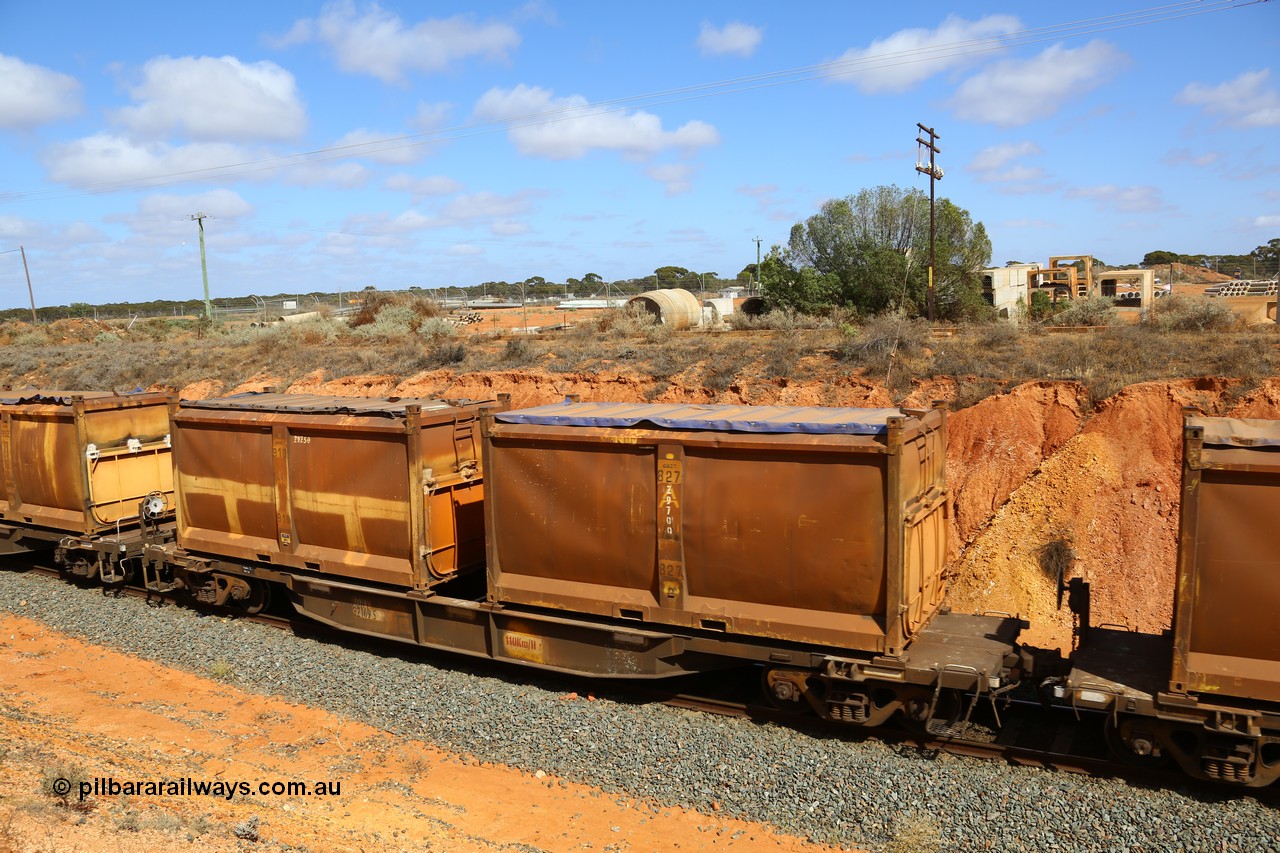 161112 3026
West Kalgoorlie, loaded Malcolm sulphur train 6029, AQNY type waggon AQNY 32169 one of sixty two waggons built by Goninan WA in 1998 as WQN type for Murrin Murrin container traffic with two original style sulphur containers S14R G827 and S158A G910 both with the siding tarpaulins.
Keywords: AQNY-type;AQNY32169;Goninan-WA;WQN-type;