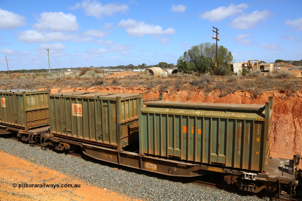 161112 3027
West Kalgoorlie, loaded Malcolm sulphur train 6029, AQNY type waggon AQNY 32152 one of sixty two waggons built by Goninan WA in 1998 as WQN type for Murrin Murrin container traffic with Bis Industries roll-top type 55UA container SBIU 200631 and a hard-top type 25U0 container BISU 100082.
Keywords: AQNY-type;AQNY32152;Goninan-WA;WQN-type;