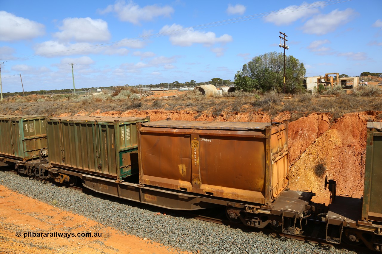 161112 3029
West Kalgoorlie, loaded Malcolm sulphur train 6029, AQNY type waggon AQNY 32189 one of sixty two waggons built by Goninan WA in 1998 as WQN type for Murrin Murrin container traffic with original style sulphur container S75F G826 and un-decaled hard-top type 25U0 container BISU 100010.
Keywords: AQNY-type;AQNY32189;Goninan-WA;WQN-type;