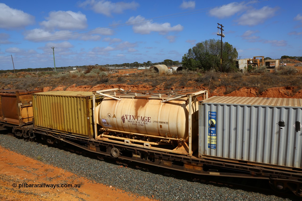 161112 3035
West Kalgoorlie, loaded Malcolm sulphur train 6029, AQWY type waggon AQWY 31002, one of eighteen WFA type container waggons built by Westrail Midland Workshops in 1981, recoded to WQCY in 1987, roof view of a Jamieson built TEU tanktainer for Vintage Road Haulage with magnafloc, JTSU 012514 with two TEU 22G1 type containers RWLU 812401 and RSSU 153071.
Keywords: AQWY-type;AQWY31002;Westrail-Midland-WS;WFA-type;WQCY-type;AQCY-type;
