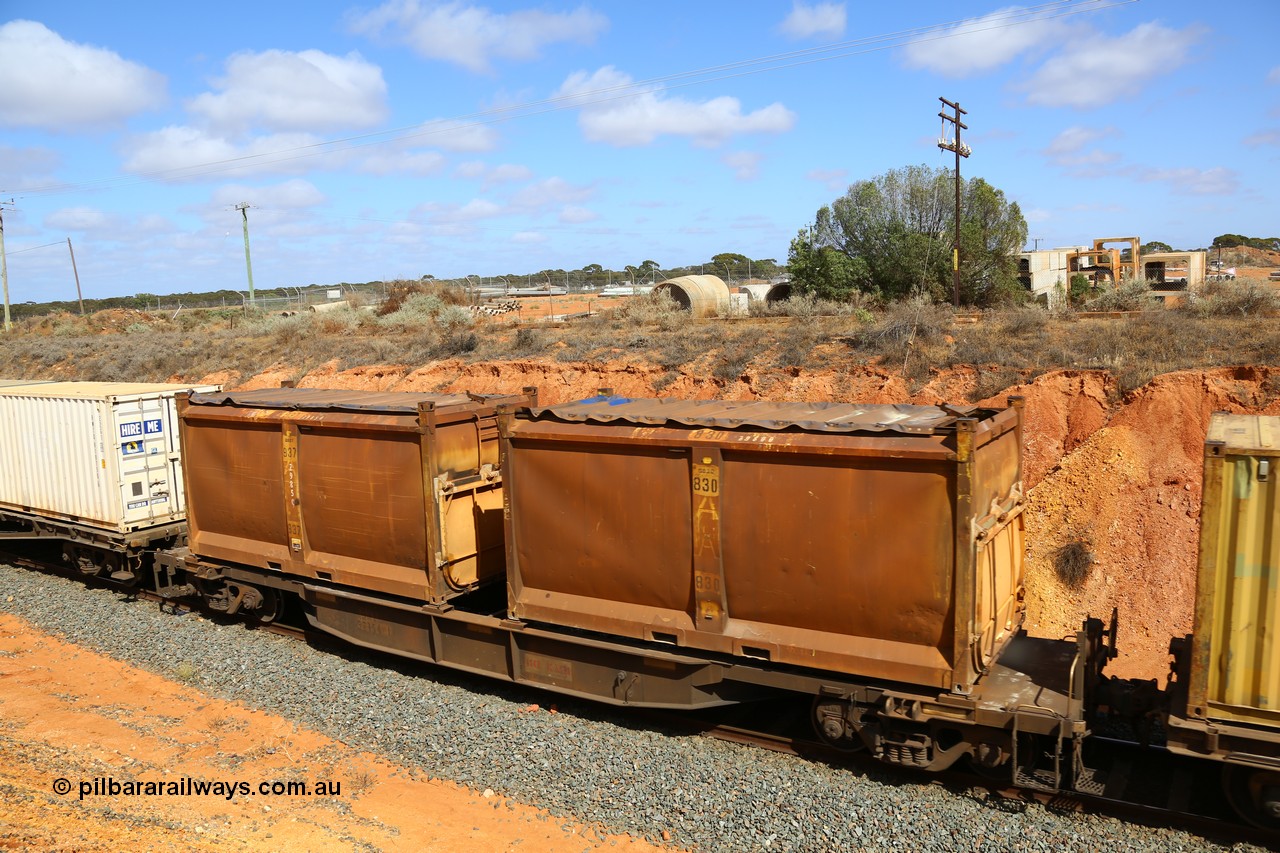 161112 3036
West Kalgoorlie, loaded Malcolm sulphur train 6029, AQNY type waggon AQNY 32154 one of sixty two waggons built by Goninan WA in 1998 as WQN type for Murrin Murrin container traffic with a pair of original style sulphur containers with sliding tarpaulins, S38A G830 and S154K G937.
Keywords: AQNY-type;AQNY32154;Goninan-WA;WQN-type;