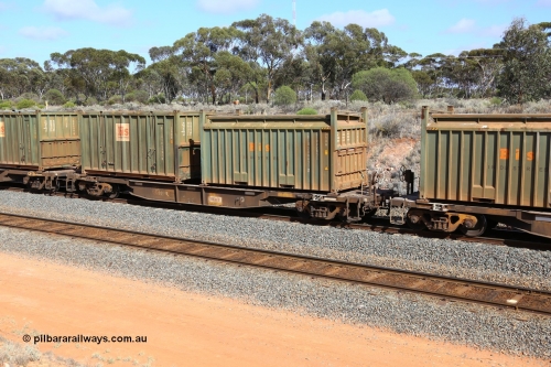 161112 2994
West Kalgoorlie, loaded Malcolm sulphur train 6029, AQNY type waggon AQNY 32152 one of sixty two waggons built by Goninan WA in 1998 as WQN type for Murrin Murrin container traffic with Bis Industries roll-top type 55UA container SBIU 200631 and a hard-top type 25U0 container BISU 100082.
Keywords: AQNY-type;AQNY32152;Goninan-WA;WQN-type;