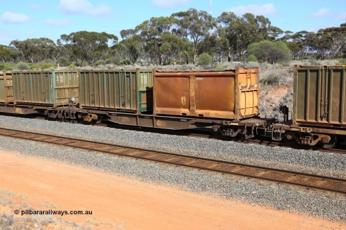 161112 2996
West Kalgoorlie, loaded Malcolm sulphur train 6029, AQNY type waggon AQNY 32189 one of sixty two waggons built by Goninan WA in 1998 as WQN type for Murrin Murrin container traffic with original style sulphur container S75F G826 and un-decaled hard-top type 25U0 container BISU 100010.
Keywords: AQNY-type;AQNY32189;Goninan-WA;WQN-type;