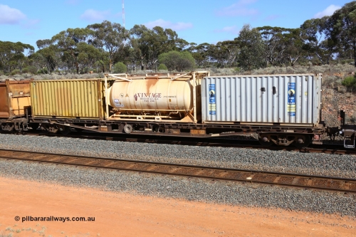 161112 3010
West Kalgoorlie, loaded Malcolm sulphur train 6029, AQWY type waggon AQWY 31002, one of eighteen WFA type container waggons built by Westrail Midland Workshops in 1981, recoded to WQCY in 1987, with two TEU 22G1 type containers RWLU 812401 and RSSU 153071 and a Jamieson built TEU tanktainer for Vintage Road Haulage with magnafloc, JTSU 012514.
Keywords: AQWY-type;AQWY31002;Westrail-Midland-WS;WFA-type;WQCY-type;AQCY-type;