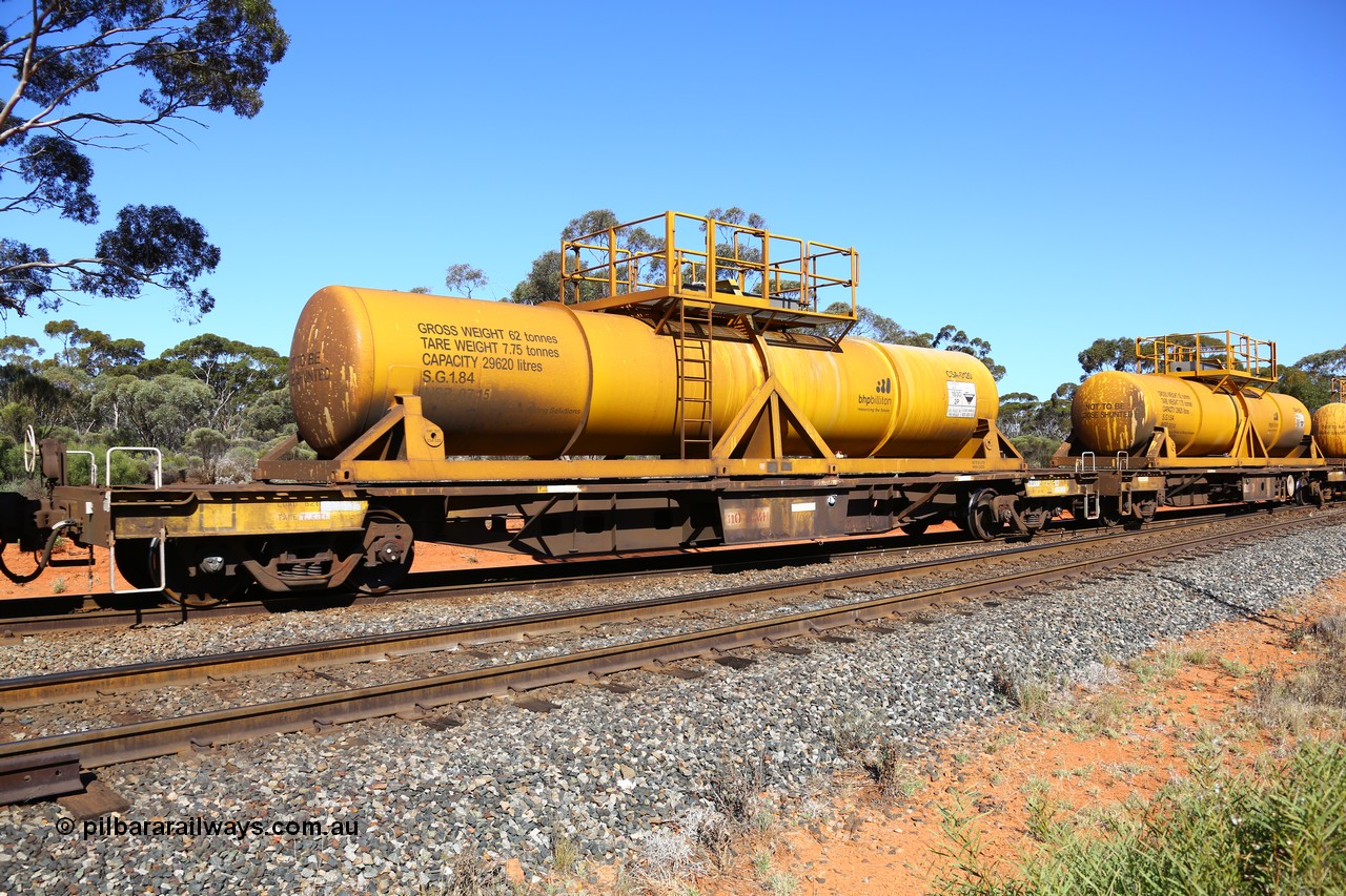 161112 3448
Binduli, loaded Hampton acid train 7406 with AQHY 30012 with sulphuric acid tank CSA 0120, originally built by the WAGR Midland Workshops in 1964/66 as a WF type flat waggon, then in 1997, following several recodes and modifications, was one of seventy five waggons converted to the WQH type to carry CSA sulphuric acid tanks between Hampton/Kalgoorlie and Perth/Kwinana. CSA 0120 was built by Vcare Engineering, India for Access Petrotec & Mining Solutions.
Keywords: AQHY-type;AQHY30012;WAGR-Midland-WS;WF-type;WMA-type;WFDY-type;WFDF-type;RFDF-type;WQH-type;