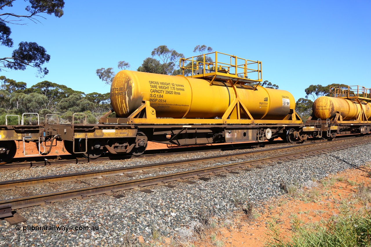 161112 3449
Binduli, loaded Hampton acid train 7406 with AQHY 30011 with sulphuric acid tank CSA 0134, originally built by the WAGR Midland Workshops in 1964/66 as a WF type flat waggon, then in 1997, following several recodes and modifications, was one of seventy five waggons converted to the WQH type to carry CSA sulphuric acid tanks between Hampton/Kalgoorlie and Perth/Kwinana. CSA 0134 was built by Vcare Engineering, India for Access Petrotec & Mining Solutions.
Keywords: AQHY-type;AQHY30011;WAGR-Midland-WS;WF-type;WFDY-type;WFDF-type;WQH-type;