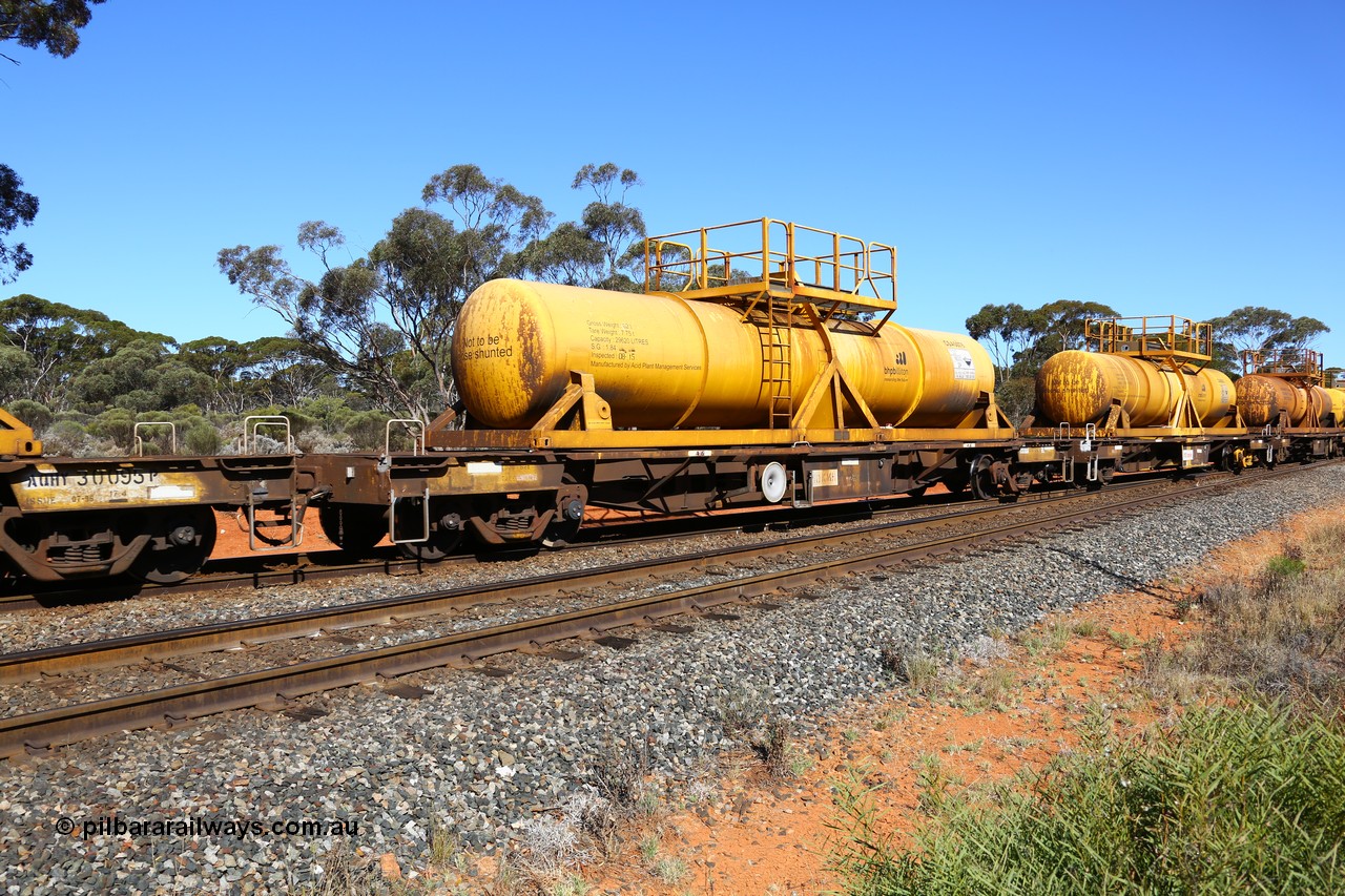 161112 3453
Binduli, loaded Hampton acid train 7406 with AQHY 30076 with sulphuric acid tank CSA 0076, originally built by the WAGR Midland Workshops in 1964/66 as a WF type flat waggon, then in 1997, following several recodes and modifications, was one of seventy five waggons converted to the WQH type to carry CSA sulphuric acid tanks between Hampton/Kalgoorlie and Perth/Kwinana. CSA 0076 was built by Acid Plant Management Services, WA.
Keywords: AQHY-type;AQHY30076;WAGR-Midland-WS;WF-type;WFDY-type;WFDF-type;WQH-type;