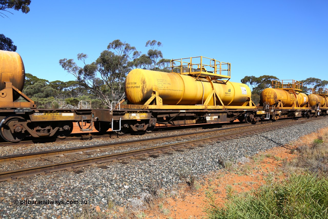 161112 3456
Binduli, loaded Hampton acid train 7406 with AQHY 30045 with sulphuric acid tank CSA 0078, originally built by the WAGR Midland Workshops in 1964/66 as a WF type flat waggon, then in 1997, following several recodes and modifications, was one of seventy five waggons converted to the WQH type to carry CSA sulphuric acid tanks between Hampton/Kalgoorlie and Perth/Kwinana. CSA 0078 was built by Acid Plant Management Services, WA.
Keywords: AQHY-type;AQHY30045;WAGR-Midland-WS;WF-type;WFDY-type;WFDF-type;RFDF-type;WQH-type;