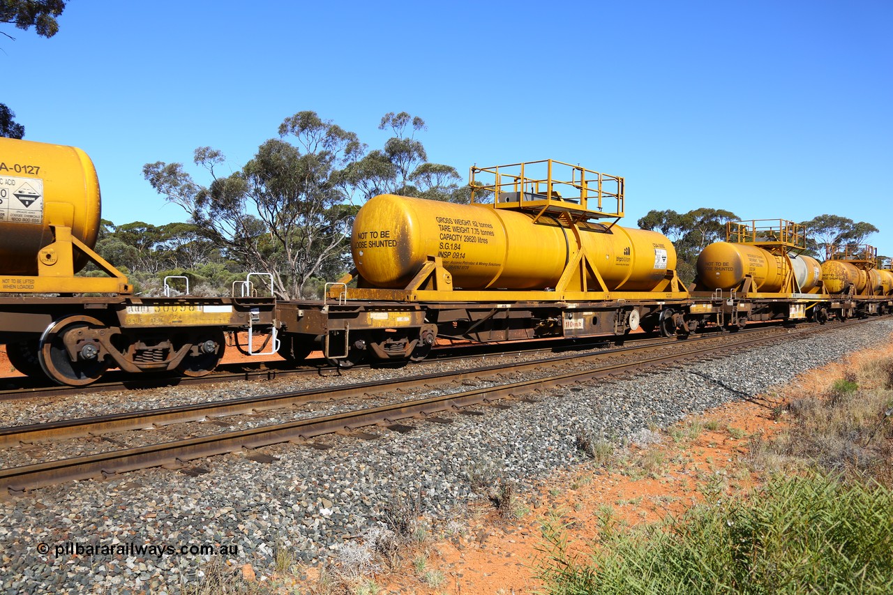 161112 3459
Binduli, loaded Hampton acid train 7406 with AQHY 30090 with sulphuric acid tank CSA 0092, originally built by the WAGR Midland Workshops in 1964/66 as a WF type flat waggon, then in 1997, following several recodes and modifications, was one of seventy five waggons converted to the WQH type to carry CSA sulphuric acid tanks between Hampton/Kalgoorlie and Perth/Kwinana. CSA 0092 was built by Vcare Engineering, India for Access Petrotec & Mining Solutions.
Keywords: AQHY-type;AQHY30090;WAGR-Midland-WS;WF-type;WFDY-type;WFDF-type;RFDF-type;WQH-type;