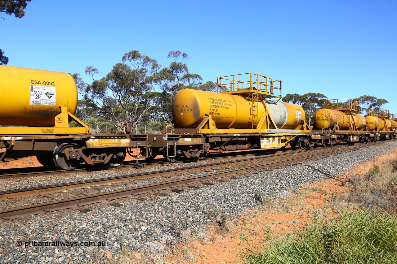 161112 3460
Binduli, loaded Hampton acid train 7406 with AQHY 30110 with sulphuric acid tank CSA 0118, originally built by the WAGR Midland Workshops in 1964/66 as a WF type flat waggon, then in 1997, following several recodes and modifications, was one of seventy five waggons converted to the WQH type to carry CSA sulphuric acid tanks between Hampton/Kalgoorlie and Perth/Kwinana. CSA 0118 was built by Vcare Engineering, India for Access Petrotec & Mining Solutions.
Keywords: AQHY-type;AQHY30110;WAGR-Midland-WS;WF-type;WFW-type;WFDY-type;WFDF-type;RFDF-type;WQH-type;