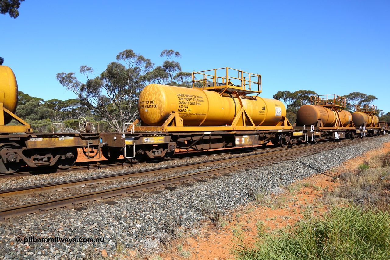 161112 3466
Binduli, loaded Hampton acid train 7406 with AQHY 30020 with sulphuric acid tank CSA 0115, originally built by the WAGR Midland Workshops in 1964/66 as a WF type flat waggon, then in 1997, following several recodes and modifications, was one of seventy five waggons converted to the WQH type to carry CSA sulphuric acid tanks between Hampton/Kalgoorlie and Perth/Kwinana. CSA 0115 was built by Vcare Engineering, India for Access Petrotec & Mining Solutions.
Keywords: AQHY-type;AQHY30020;WAGR-Midland-WS;WF-type;WFDY-type;WFDF-type;WQH-type;