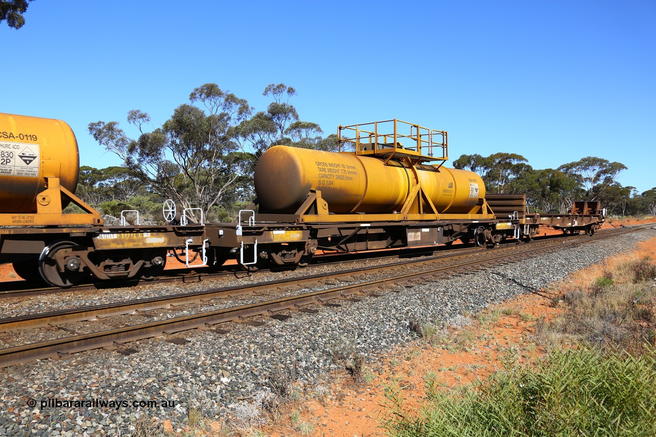 161112 3468
Binduli, loaded Hampton acid train 7406 with AQHY 30062 with sulphuric acid tank CSA 0123, originally built by the WAGR Midland Workshops in 1964/66 as a WF type flat waggon, then in 1997, following several recodes and modifications, was one of seventy five waggons converted to the WQH type to carry CSA sulphuric acid tanks between Hampton/Kalgoorlie and Perth/Kwinana. CSA 0123 was built by Vcare Engineering, India for Access Petrotec & Mining Solutions.
Keywords: AQHY-type;AQHY30062;WAGR-Midland-WS;WF-type;WFDY-type;WFDF-type;RFDF-type;WQH-type;