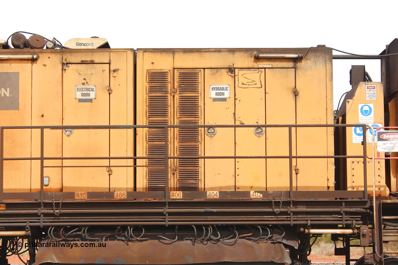 160409 IMG 7210
Parkeston, Aurizon rail grinder MMY type MMY 034, built in the USA by Loram as RG331 ~2004, imported into Australia by Queensland Rail, now Aurizon, in April 2009, detail picture. Peter Donaghy image.
Keywords: Peter-D-Image;MMY-type;MMY034;Loram-USA;RG331;rail-grinder;detail-image;