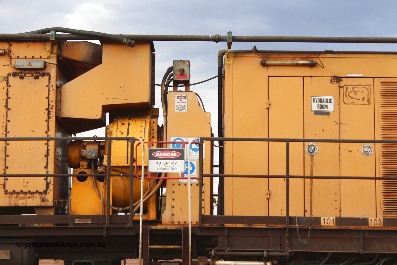 160412 IMG 7390
Parkeston, Aurizon rail grinder MMY type MMY 034, built in the USA by Loram as RG331 ~2004, imported into Australia by Queensland Rail, now Aurizon, in April 2009, detail picture. Peter Donaghy image.
Keywords: Peter-D-Image;MMY-type;MMY034;Loram-USA;RG331;rail-grinder;detail-image;