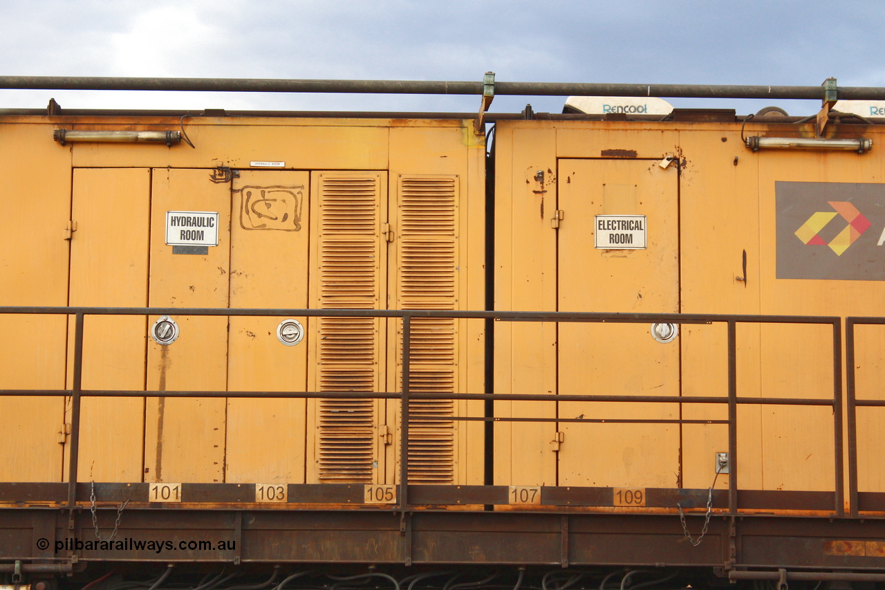 160412 IMG 7392
Parkeston, Aurizon rail grinder MMY type MMY 034, built in the USA by Loram as RG331 ~2004, imported into Australia by Queensland Rail, now Aurizon, in April 2009, detail picture. Peter Donaghy image.
Keywords: Peter-D-Image;MMY-type;MMY034;Loram-USA;RG331;rail-grinder;detail-image;