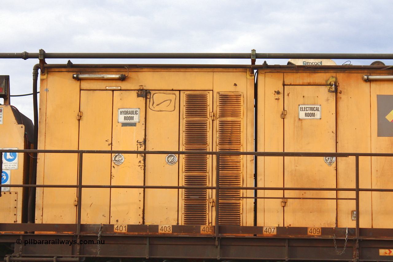 160412 IMG 7432
Parkeston, Aurizon rail grinder MMY type MMY 034, built in the USA by Loram as RG331 ~2004, imported into Australia by Queensland Rail, now Aurizon, in April 2009, detail picture. Peter Donaghy image.
Keywords: Peter-D-Image;MMY-type;MMY034;Loram-USA;RG331;rail-grinder;detail-image;