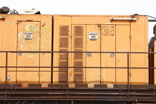 160409 IMG 7155
Parkeston, Aurizon rail grinder MMY type MMY 034, built in the USA by Loram as RG331 ~2004, imported into Australia by Queensland Rail, now Aurizon, in April 2009, detail picture. Peter Donaghy image.
Keywords: Peter-D-Image;MMY-type;MMY034;Loram-USA;RG331;rail-grinder;detail-image;