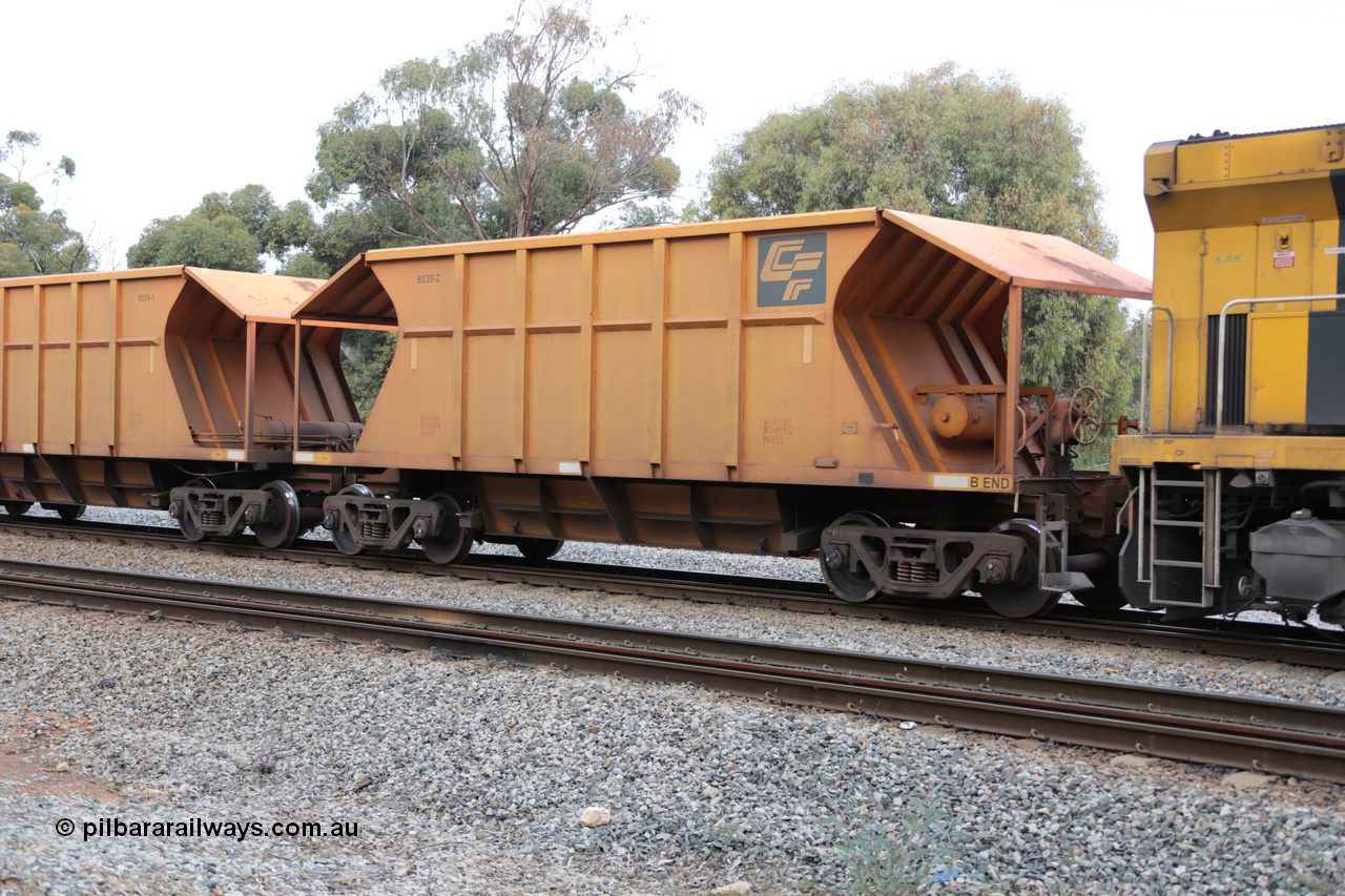 140601 4446
Woodbridge, empty Carina bound iron ore train #1035, CFCLA leased CHEY type waggon CHEY 8039-2 part of a pair of 120 sets built by Bluebird Rail Operations SA in 2011-12. 1st June 2014.
Keywords: CHEY-type;CHEY8039;Bluebird-Rail-Operations-SA;2011/120-39;