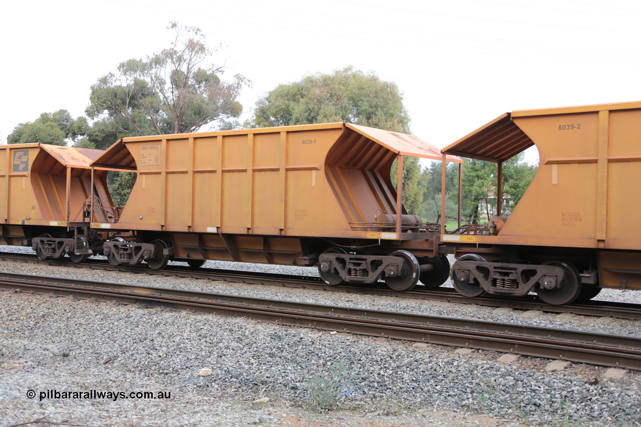 140601 4447
Woodbridge, empty Carina bound iron ore train #1035, CFCLA leased CHEY type waggon CHEY 8039-1 part of a pair of 120 sets built by Bluebird Rail Operations SA in 2011-12. 1st June 2014.
Keywords: CHEY-type;CHEY8039;Bluebird-Rail-Operations-SA;2011/120-39;